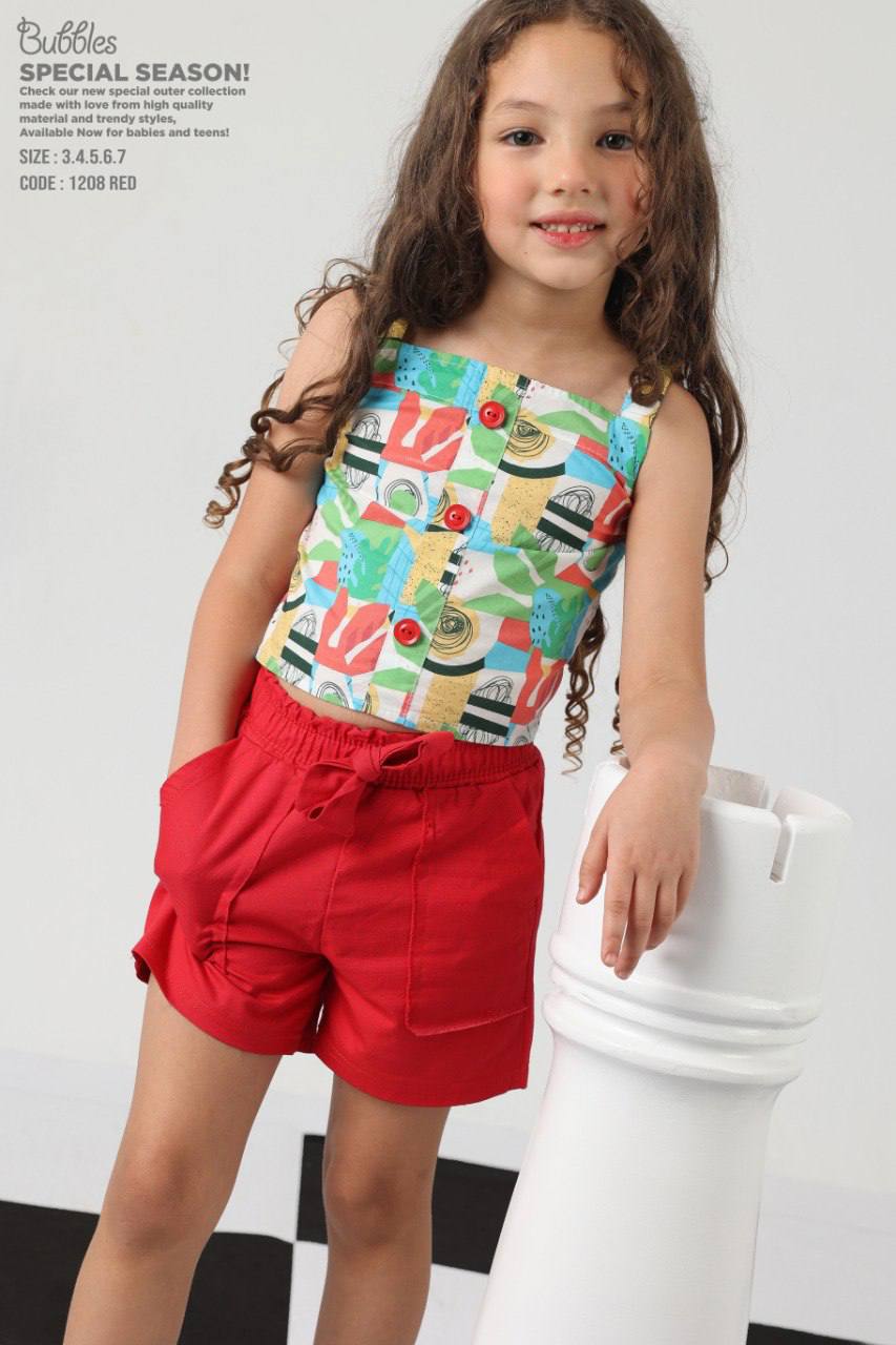 Girls Printed Sleeveless Top & Red Shorts Set – Summer Casual Outfit (size3-7)