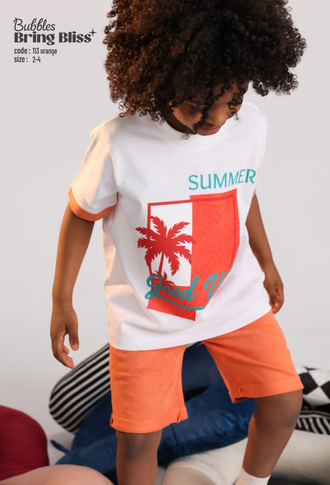 Kids Summer Graphic T-Shirt & Shorts Set – Orange Palm Print Outfit (Size 2–4)