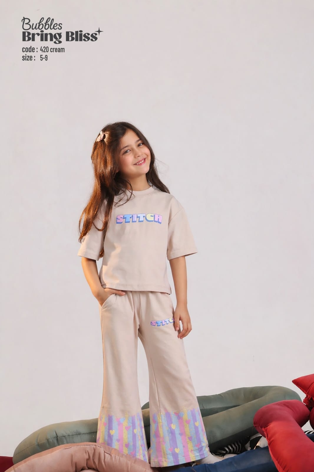 Girls Stitch Print Beige T-Shirt & Wide-Leg Pants Set (Size 5–9) – Soft Cotton Casual Outfit