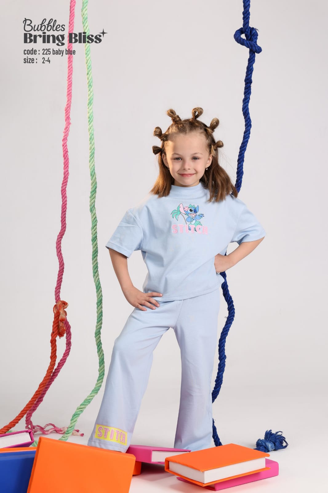 Girls Baby Blue Stitch T-Shirt & Wide-Leg Pants Set – Soft Cotton Outfit (Size 2–4)