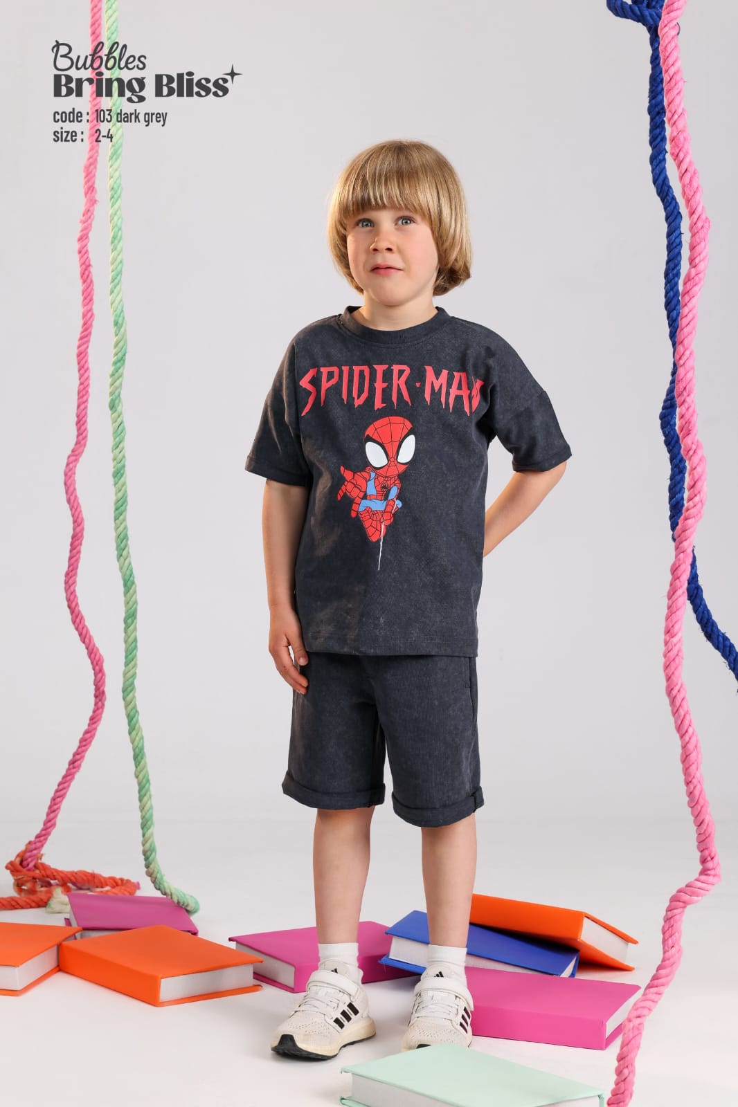 Kids Spider-Man Graphic T-Shirt & Shorts Set – Dark Grey Cotton Outfit (Size 2–4)