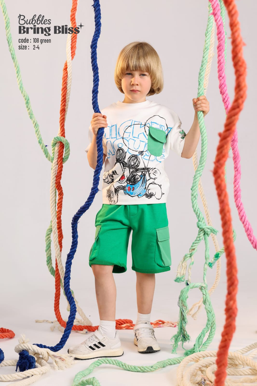 Kids Mickey Mouse Graphic T-Shirt & Green Shorts Set – Casual Summer Outfit (Size 2–4)