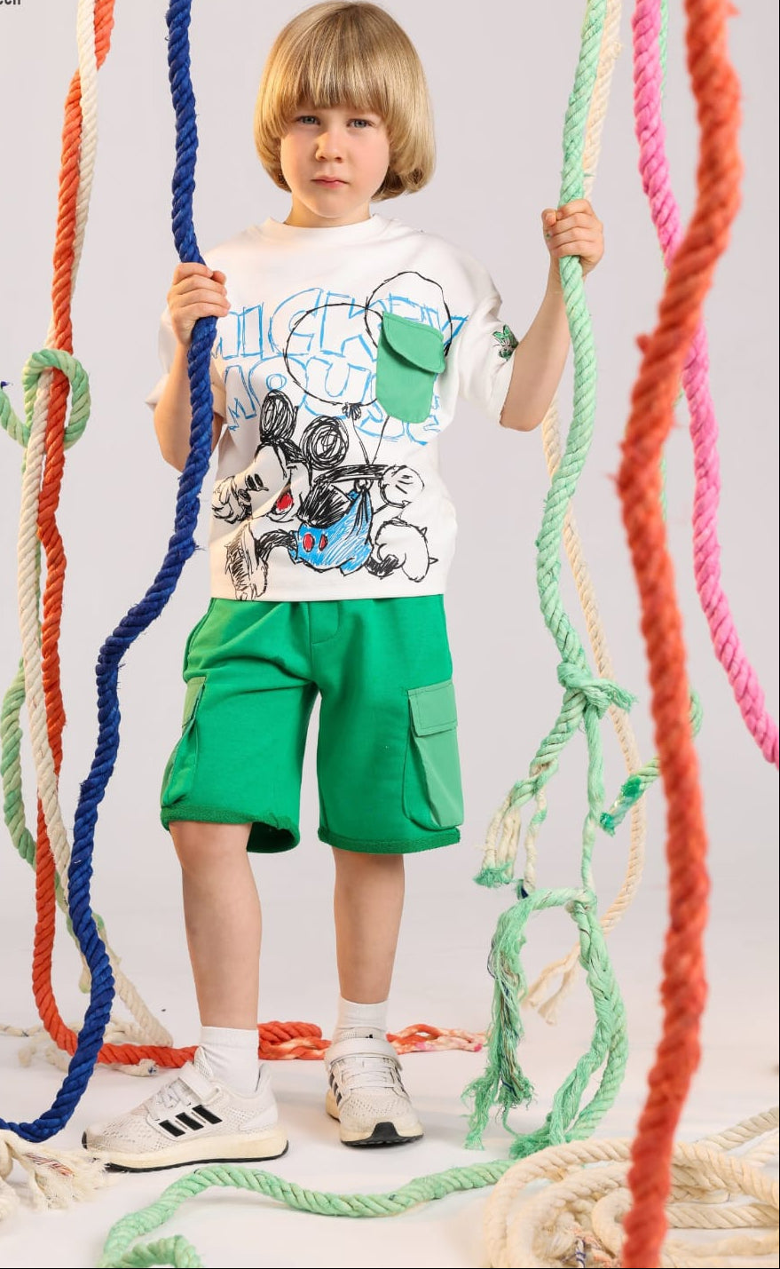 Kids Mickey Mouse graphic t-shirt and green shorts casual summer outfit for ages 2-4 - Bubbles Kidswear Egypt