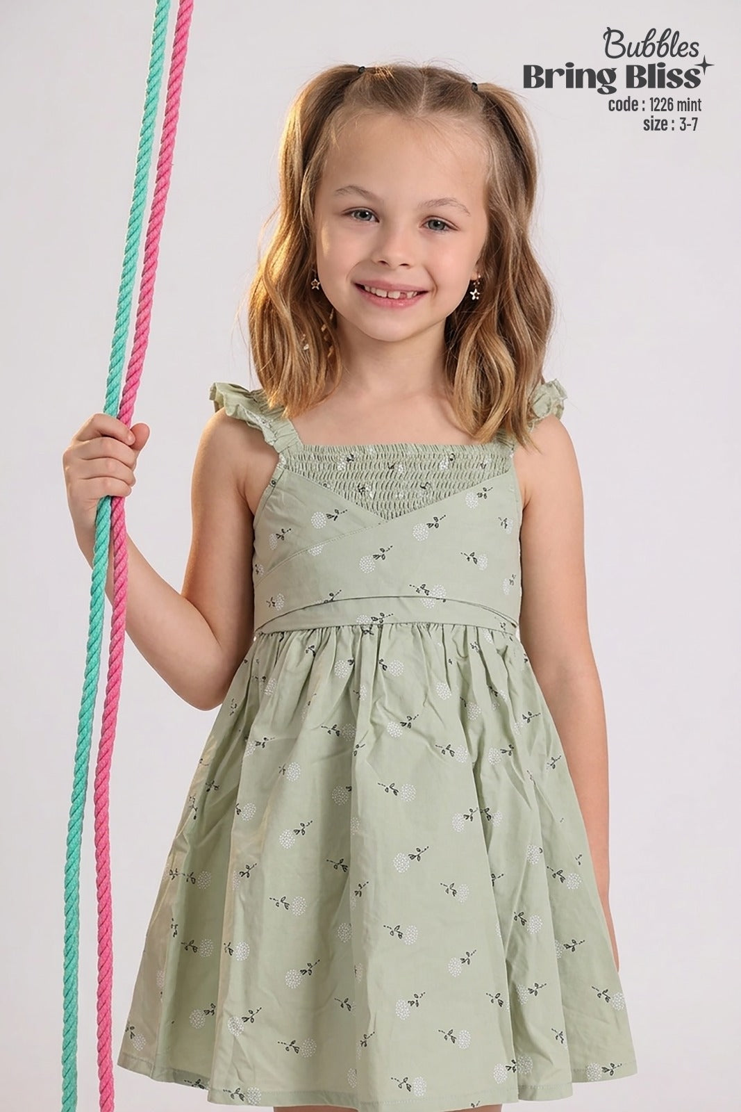 Girls Light Green Smocked Bodice Summer Dress Ruffle Straps Soft Cotton Dress (Ages 37) | Bubbles Kids Wear Girls Light Green Smocked Bodice Summer Dress Ruffle Straps Soft Cotton Dress (Ages 37) | Bubbles Kids Wear