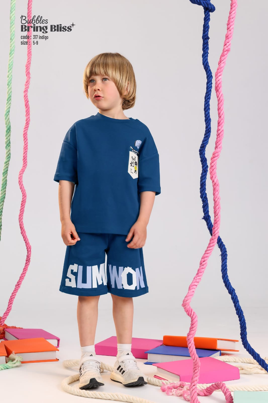 Kids Indigo Summer T-Shirt & Shorts Set – “SUMWON” Print, Casual Comfort Outfit (Ages 5–9)