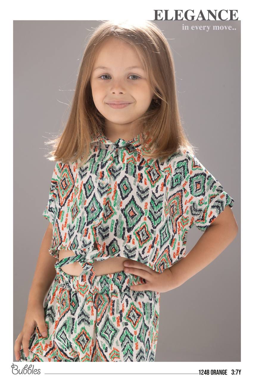 Girls Printed Summer Two-Piece Set – Short Sleeve Tie-Front Top & Matching Shorts (Ages 3–7)