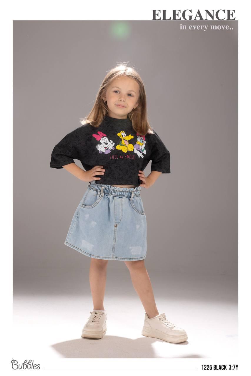 Girls Disney Character Cropped Sweatshirt & Denim Skirt Set – Casual Kids Outfit (3–7 Years)