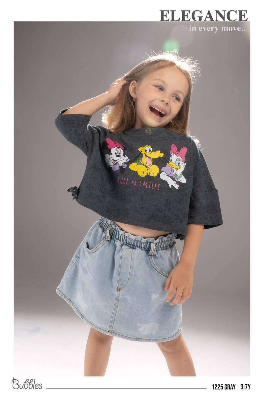 Girls Disney Character Cropped Sweatshirt & Denim Skirt Set – Casual Kids Outfit (3–7 Years)