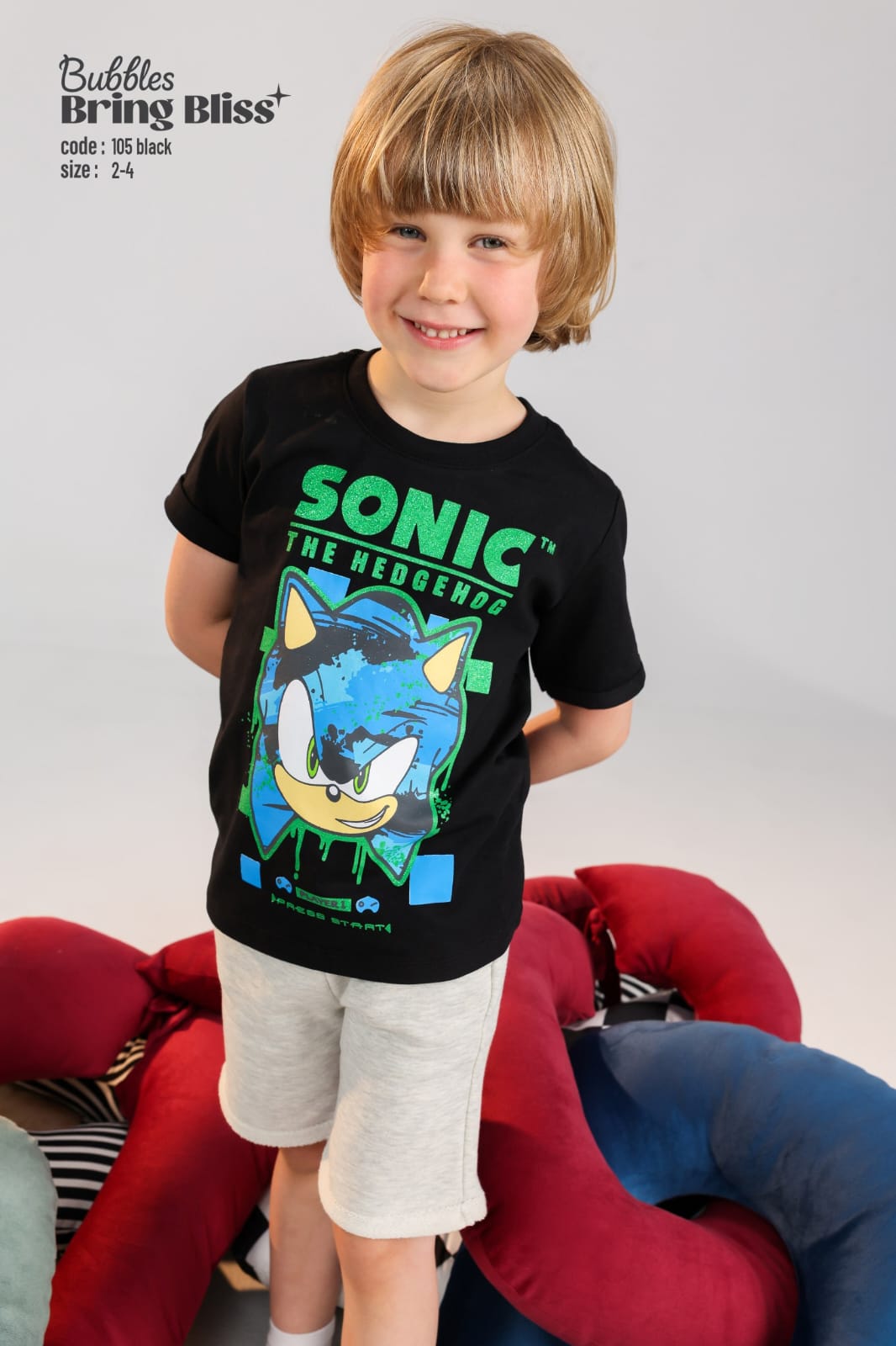 Kids Sonic Graphic T-Shirt & Shorts Set – Black Cotton Summer Outfit (Size 2–4)