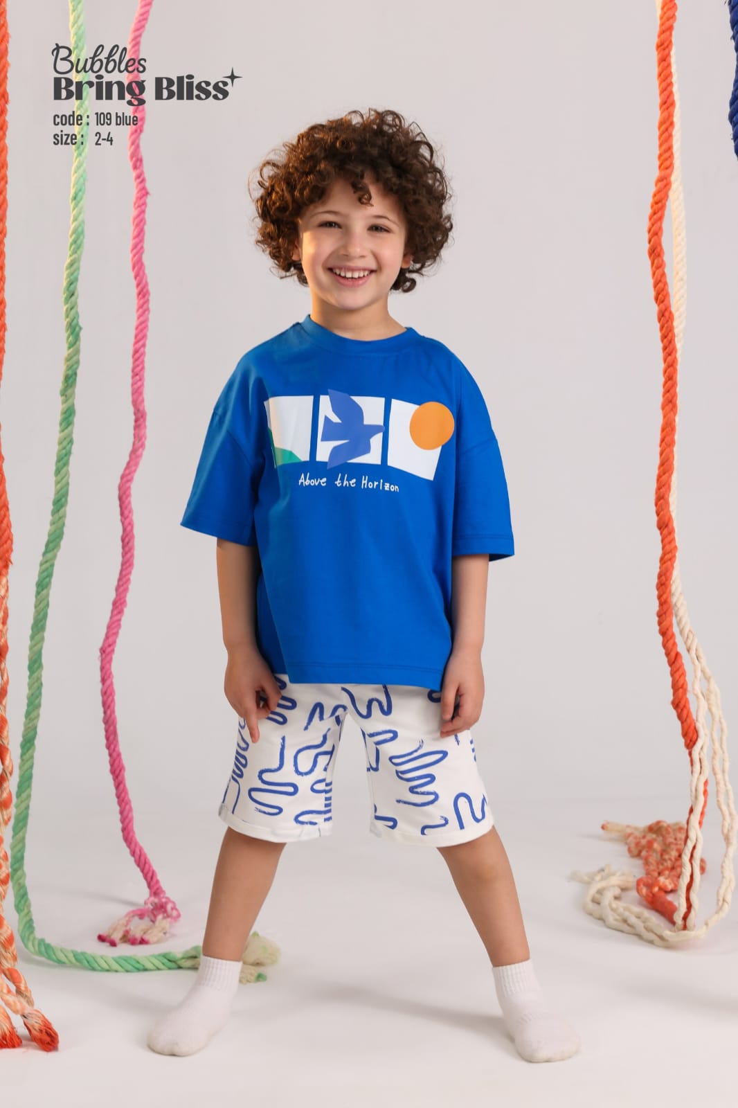 Kids Blue Graphic T-Shirt & Printed Shorts Set – “Above the Horizon” Summer Outfit (Size 2–4)