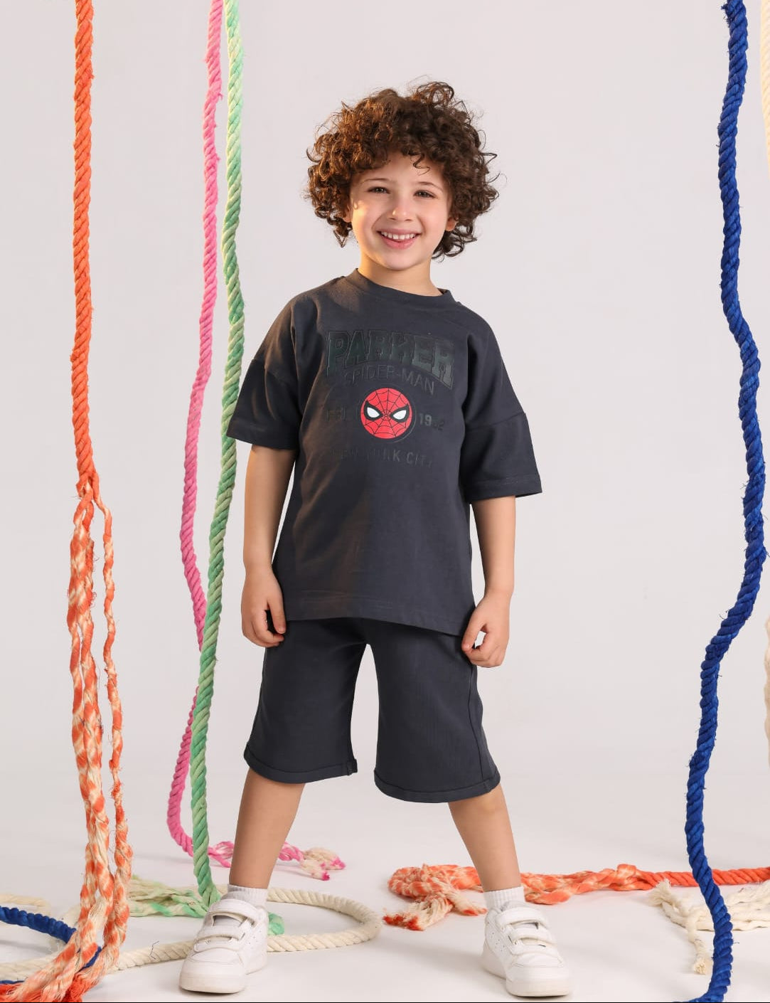 Boys Spider-Man printed t-shirt and dark grey shorts cotton summer outfit for ages 5-9 - Bubbles Kidswear Egypt