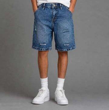 Boys distressed washed blue denim shorts knee-length casual kids jeans - Bubbles Kidswear Egypt