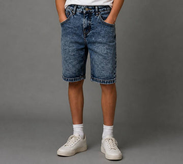 Boys washed blue denim shorts classic fit knee-length kids jeans - Bubbles Kidswear Egypt