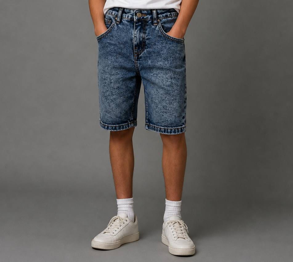 Boys washed blue denim shorts classic fit knee-length kids jeans - Bubbles Kidswear Egypt