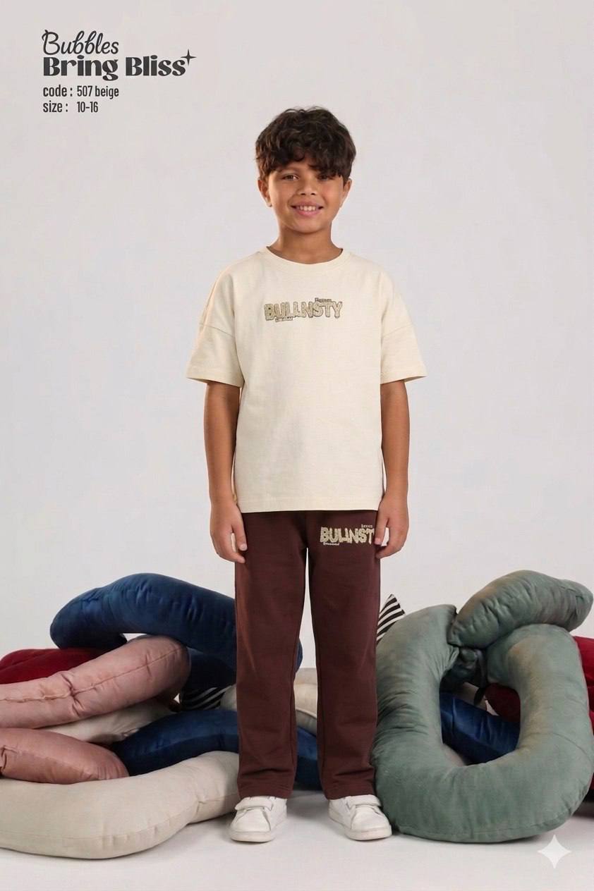 Boys Beige Graphic T-Shirt & Brown Jogger Set – Casual “Dynasty” Print Outfit (Sizes 10–16)