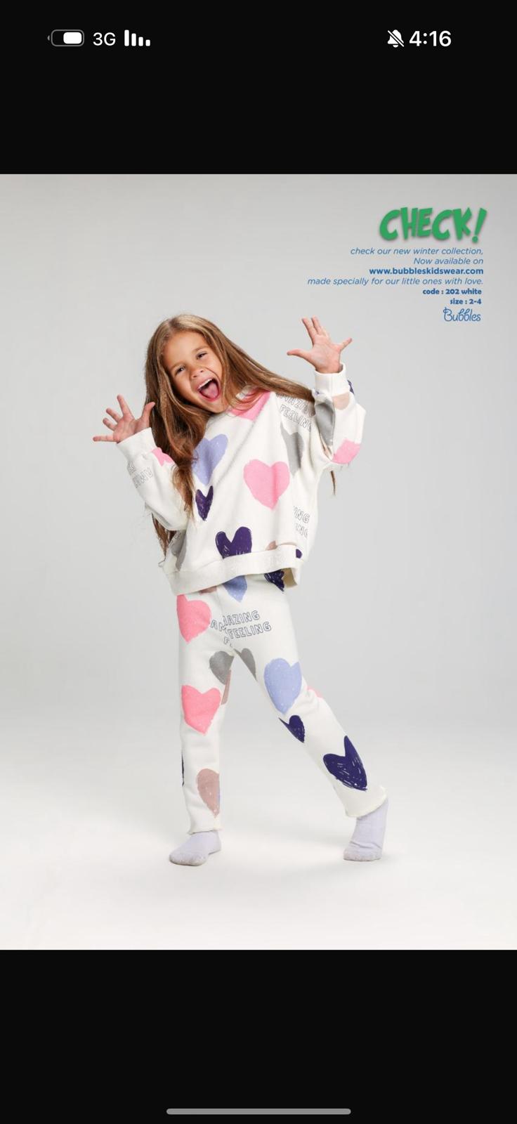 Girls Heart Print Pajama Set – Soft Cotton Lounge Wear, 2-Piece Kids Sleepwear in White (Sizes 2–4)