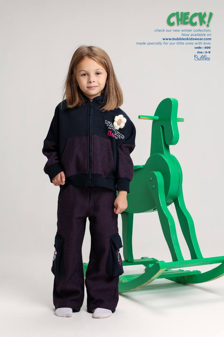 Girls’ Navy Zip-Up Tracksuit Set with Floral Patch – Soft Winter Outfit (Sizes 5–9)
