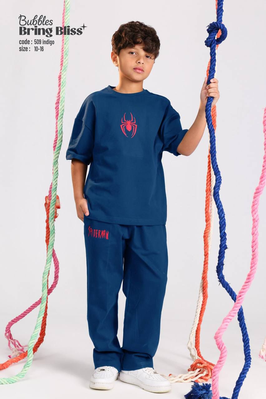 Boys Spider indigo graphic t-shirt and jogger pants casual summer outfit ages 10-16 - Bubbles Kidswear Egypt