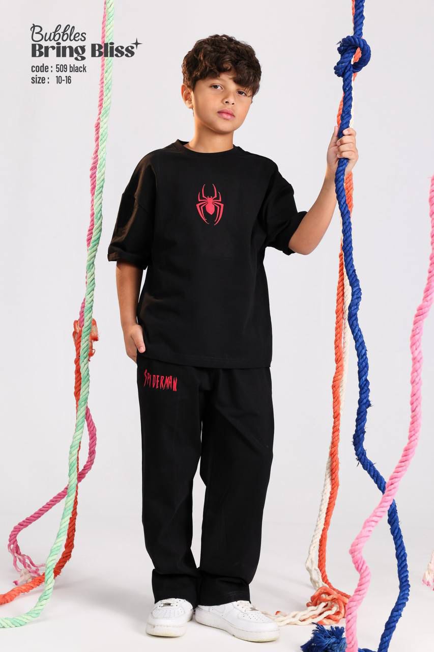 Boys Spider black graphic t-shirt and jogger pants casual summer outfit ages 10-16 - Bubbles Kidswear Egypt