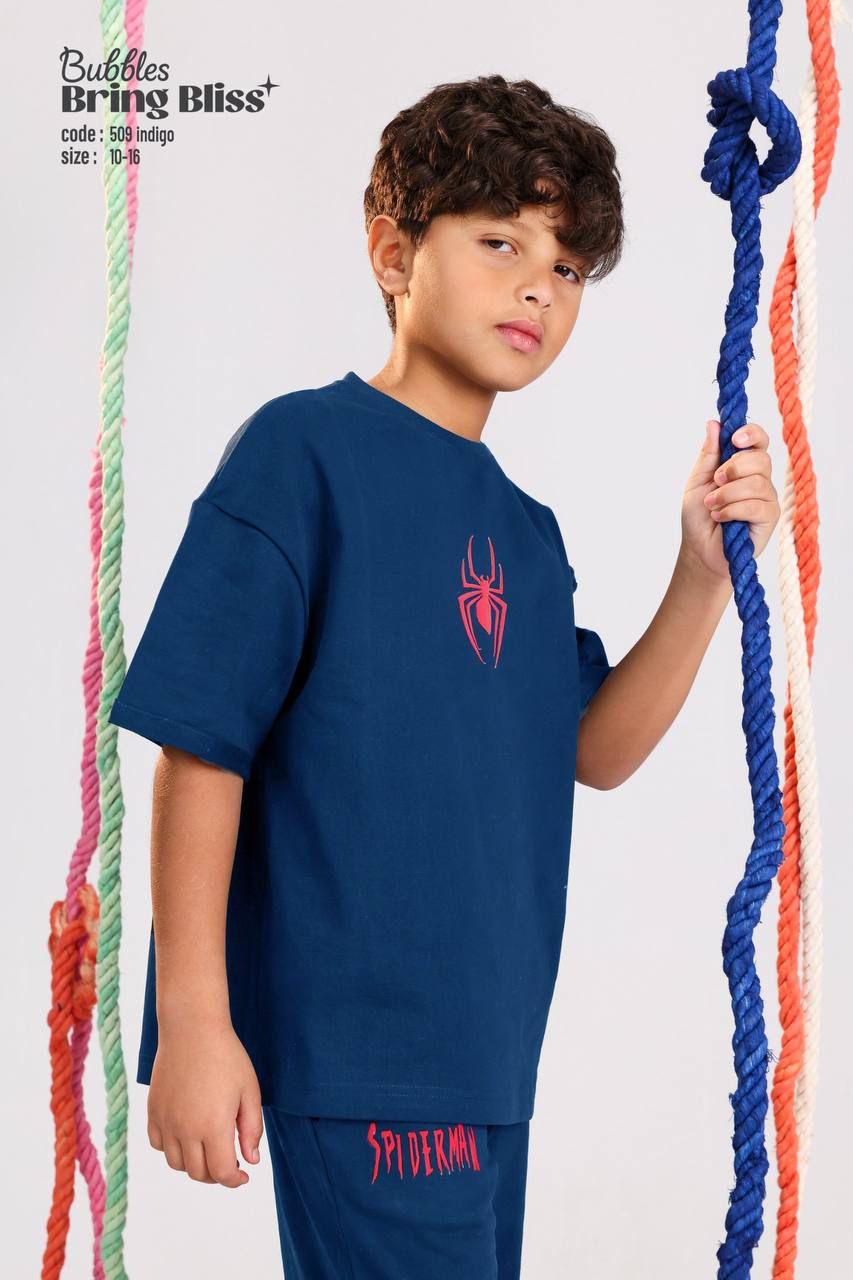 Boys Spider Graphic T-Shirt & Jogger Pants Set – Indigo Casual Summer Outfit