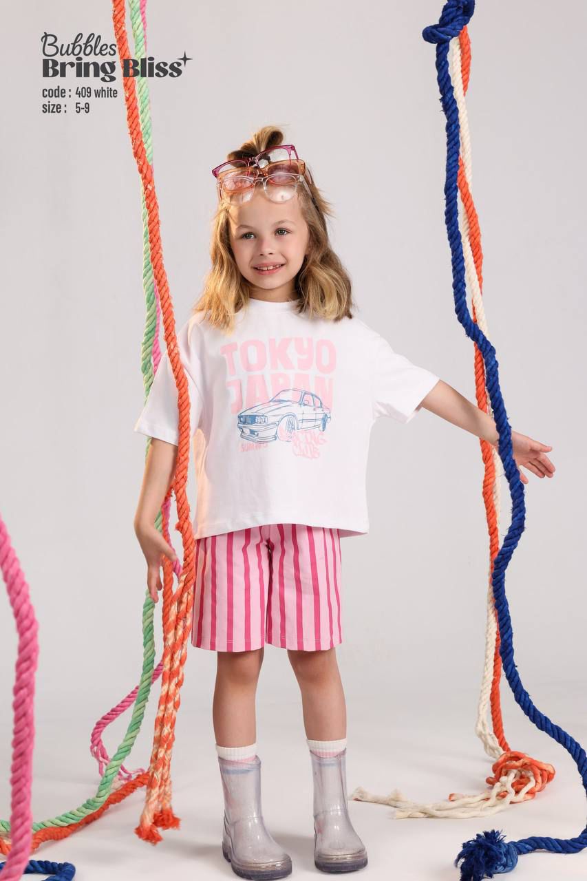 Girls Tokyo graphic t-shirt and pink striped shorts casual summer outfit - Bubbles Kidswear Egypt