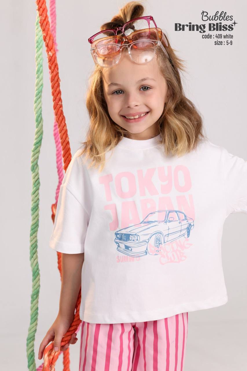 Girls Tokyo Graphic T-Shirt & Pink Striped Shorts Set – Casual Summer Outfit