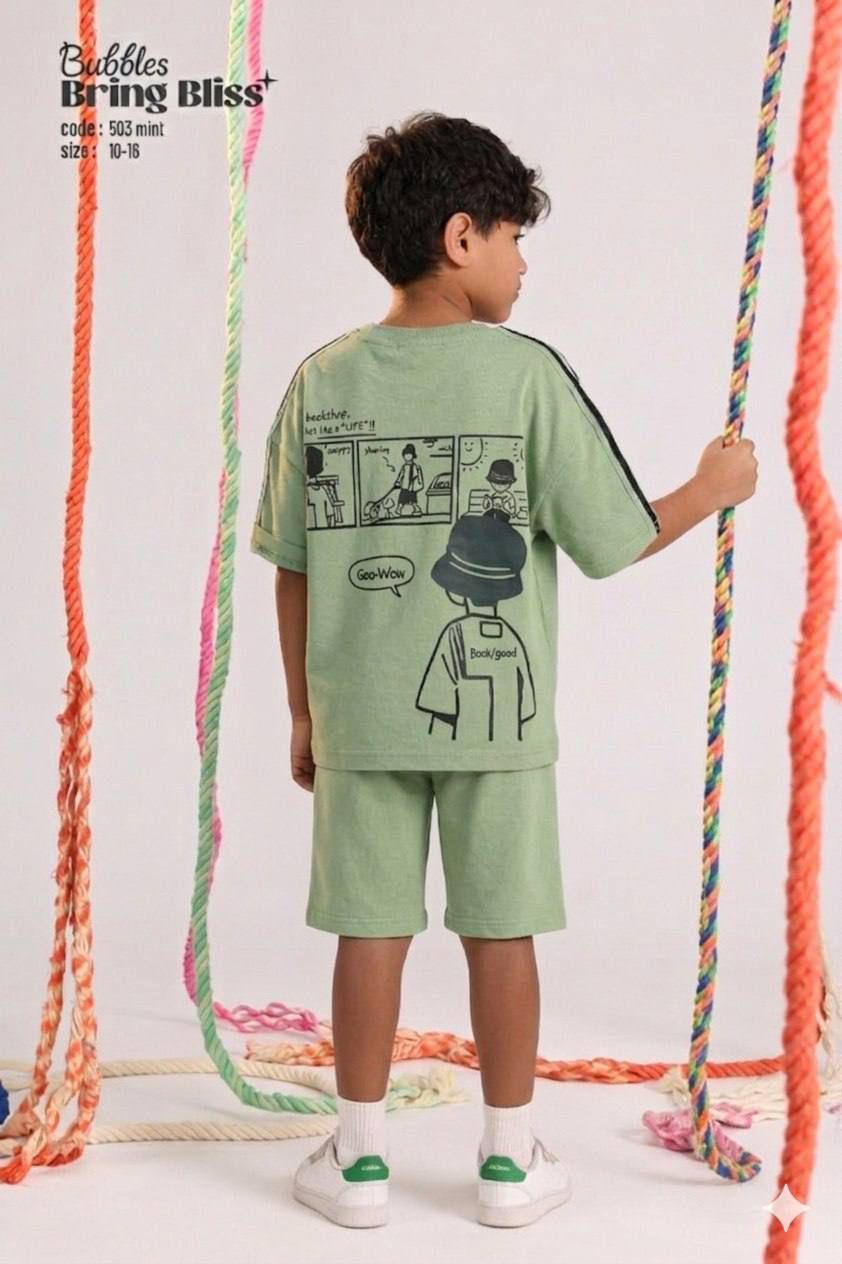 Boys Oversized Graphic T-Shirt & Shorts Set – Casual Mint Green Summer Outfit (Sizes 10–16)