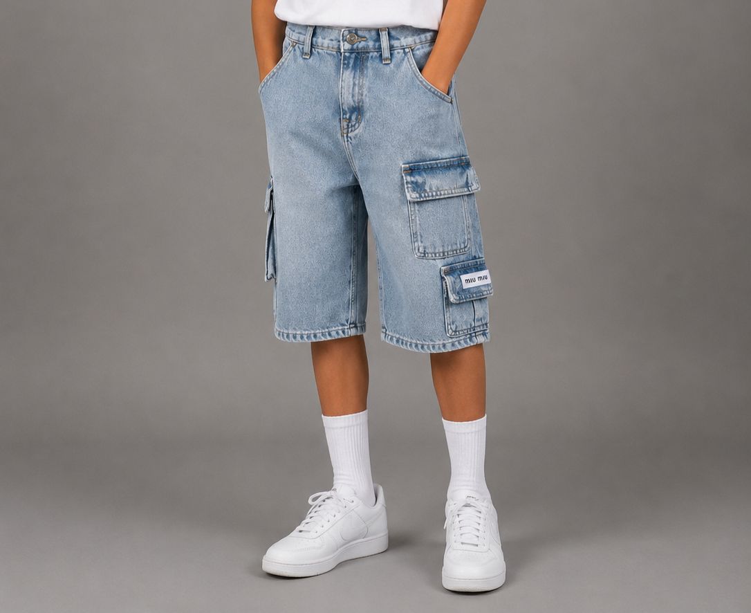 Kids Light Wash Cargo Denim Shorts – Oversized Multi-Pocket Jean Shorts for Boys(10-15Y)