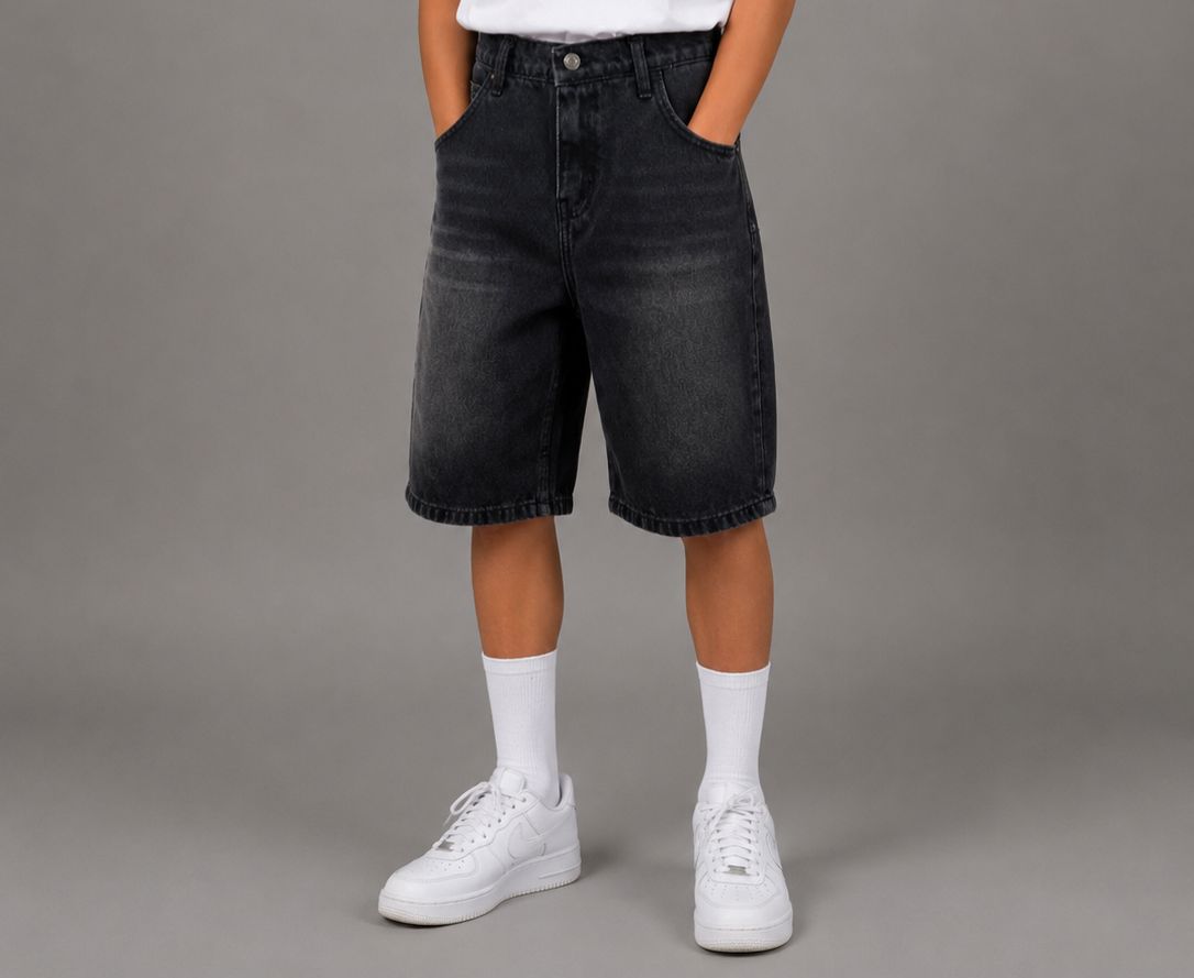 Kids Oversized Black Denim Shorts – Casual Wide Fit Jean Shorts for Boys 10-15Y