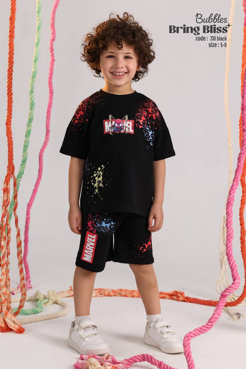 Kids Marvel Black Summer Set – Oversized T-Shirt & Shorts Outfit for Boys (SIZE 5-9)