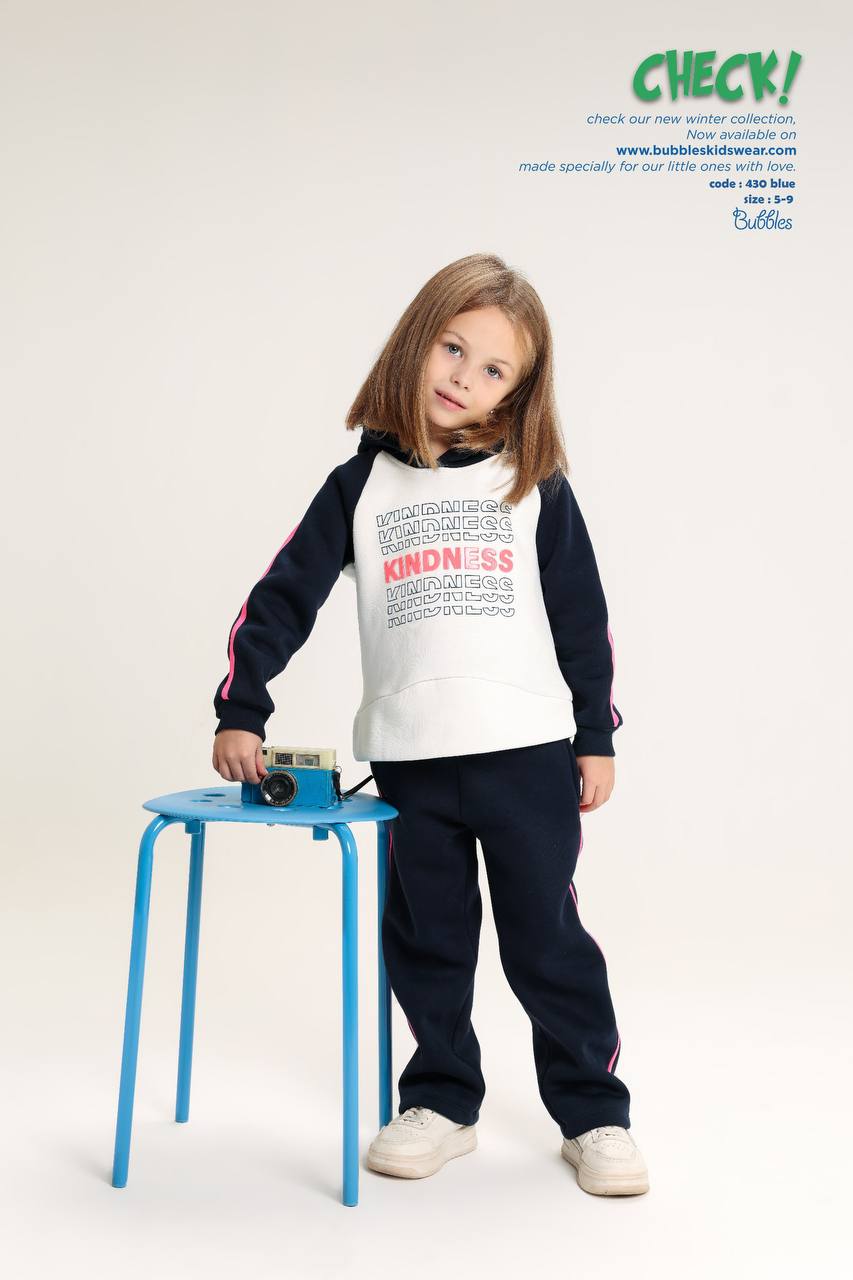 Girls Hoodie & Jogger Pants Set – Navy and White “Kindness” Casual Outfit Size 5-9
