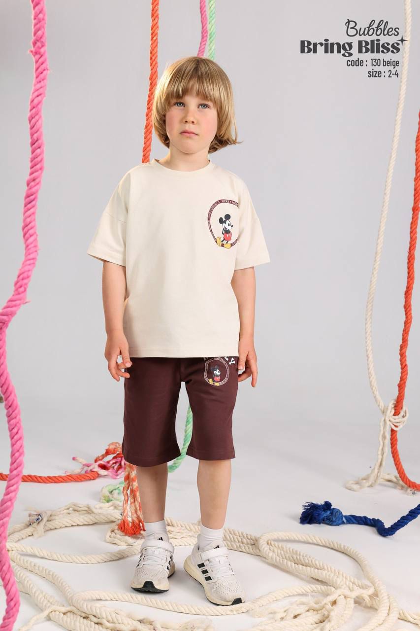 Kids’ Mickey Mouse Summer Outfit Set – Beige T-Shirt & Brown Shorts