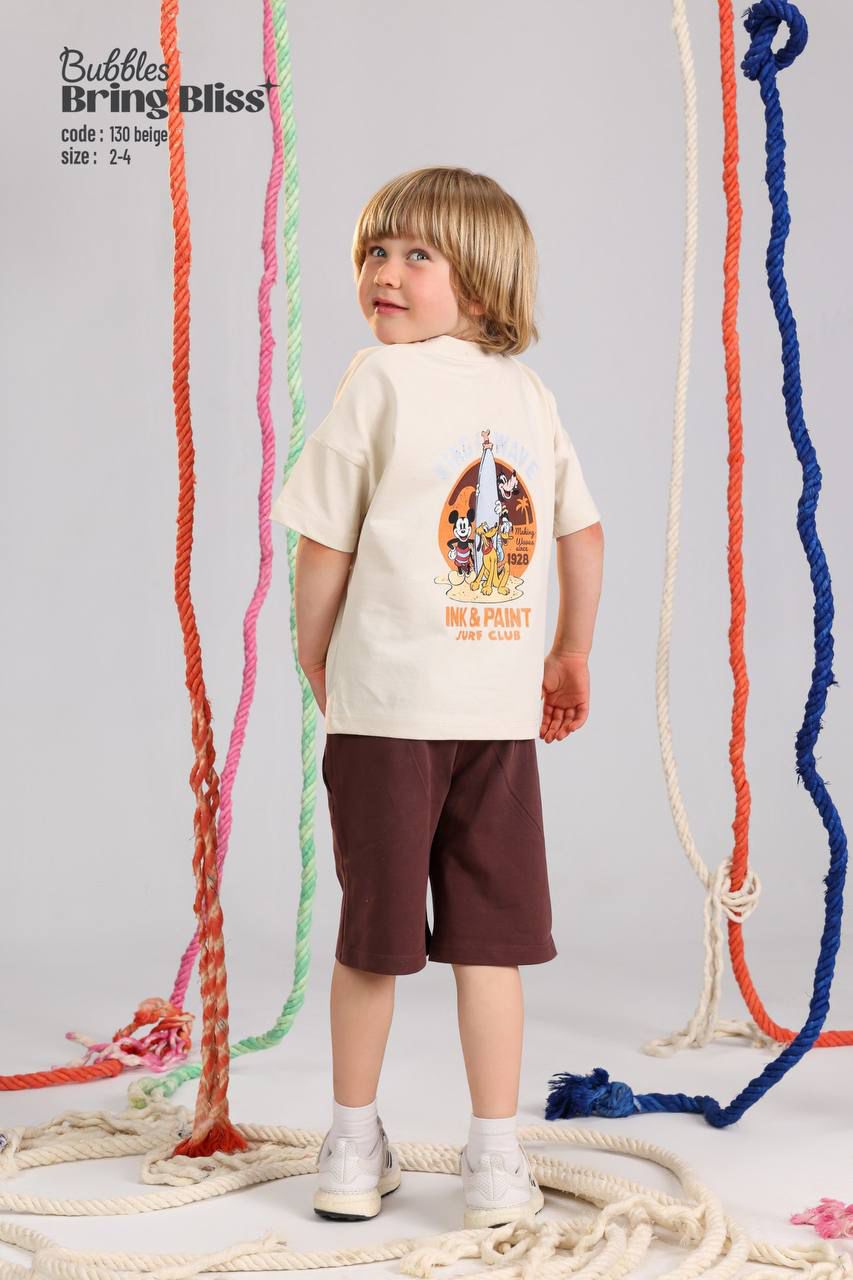 Kids’ Mickey Mouse Summer Outfit Set – Beige T-Shirt & Brown Shorts