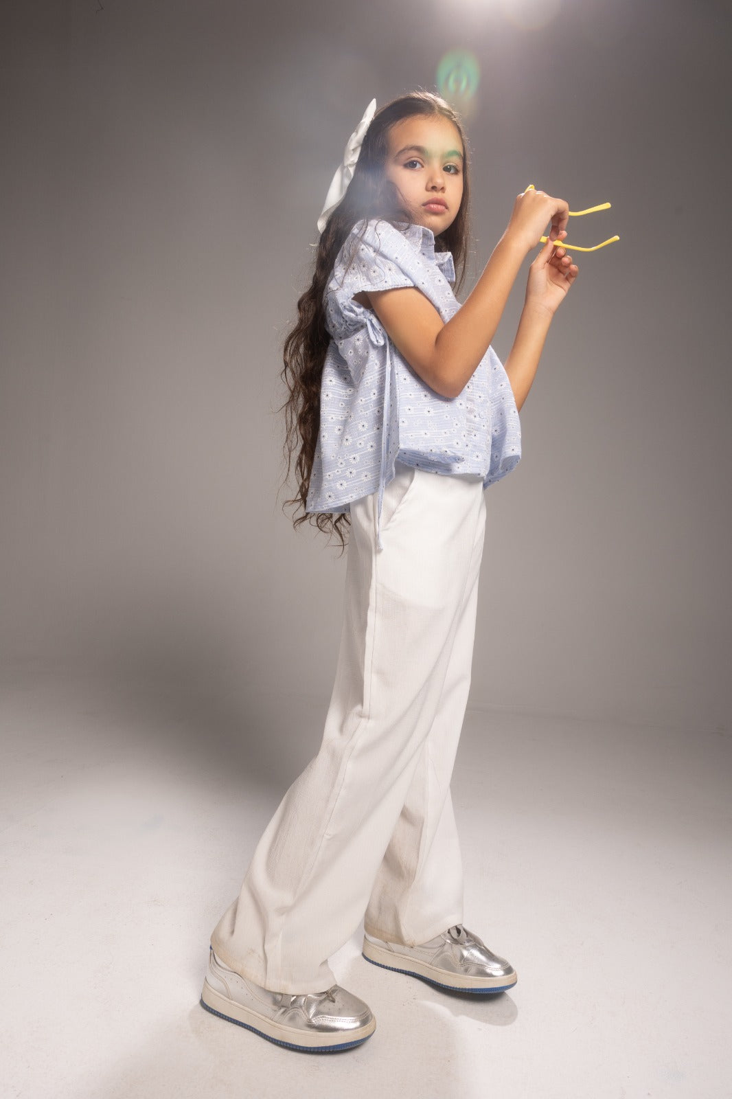 Girls’ Light Blue Eyelet Top & White Wide-Leg Pants Set – Stylish Casual Outfit for Kids