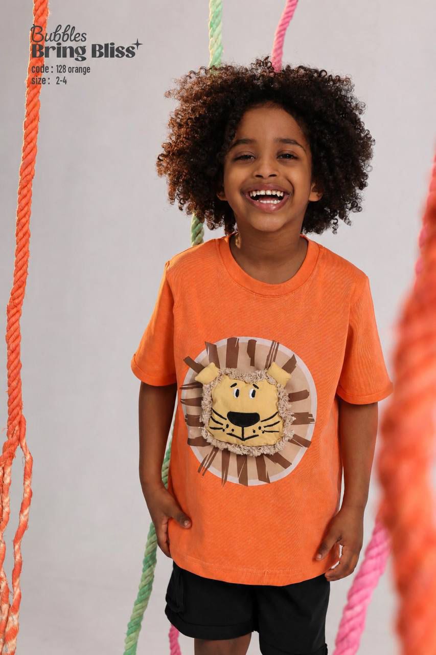 Boys Orange Lion Graphic T-Shirt & Black Shorts Set – Soft Casual Summer Outfit for Kids (Size 2–4)