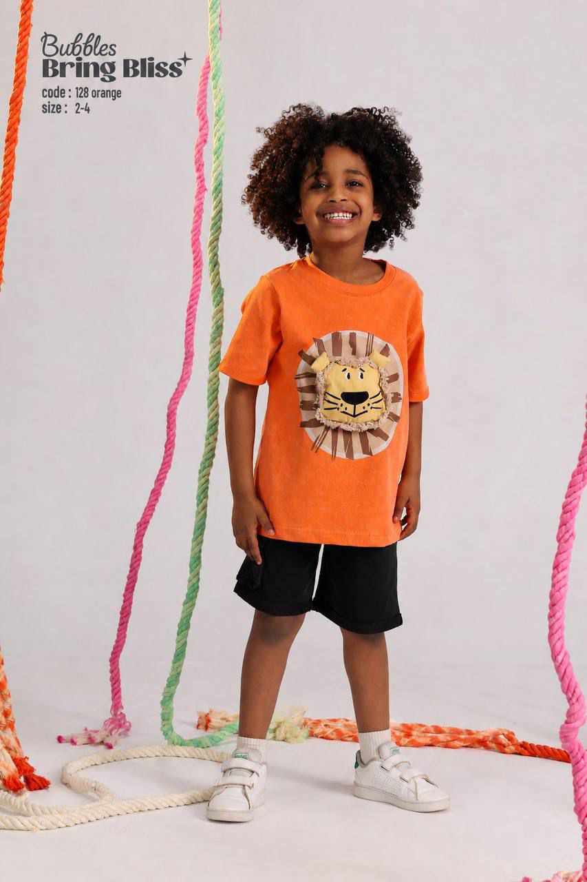 Boys Orange Lion Graphic T-Shirt & Black Shorts Set – Soft Casual Summer Outfit for Kids (Size 2–4)