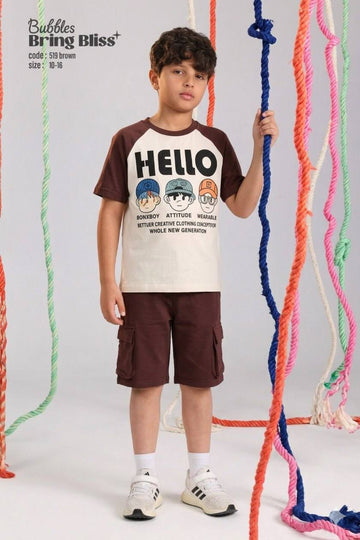 Boys “HELLO” Graphic T-Shirt & Cargo Shorts Set – Brown Casual Summer Outfit
