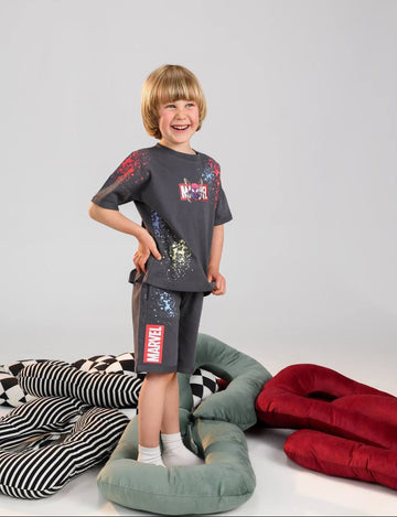 Marvel Kids Grey Splash Print T-Shirt & Shorts Set – Comfortable Summer Outfit for Boys (Ages 5–9)