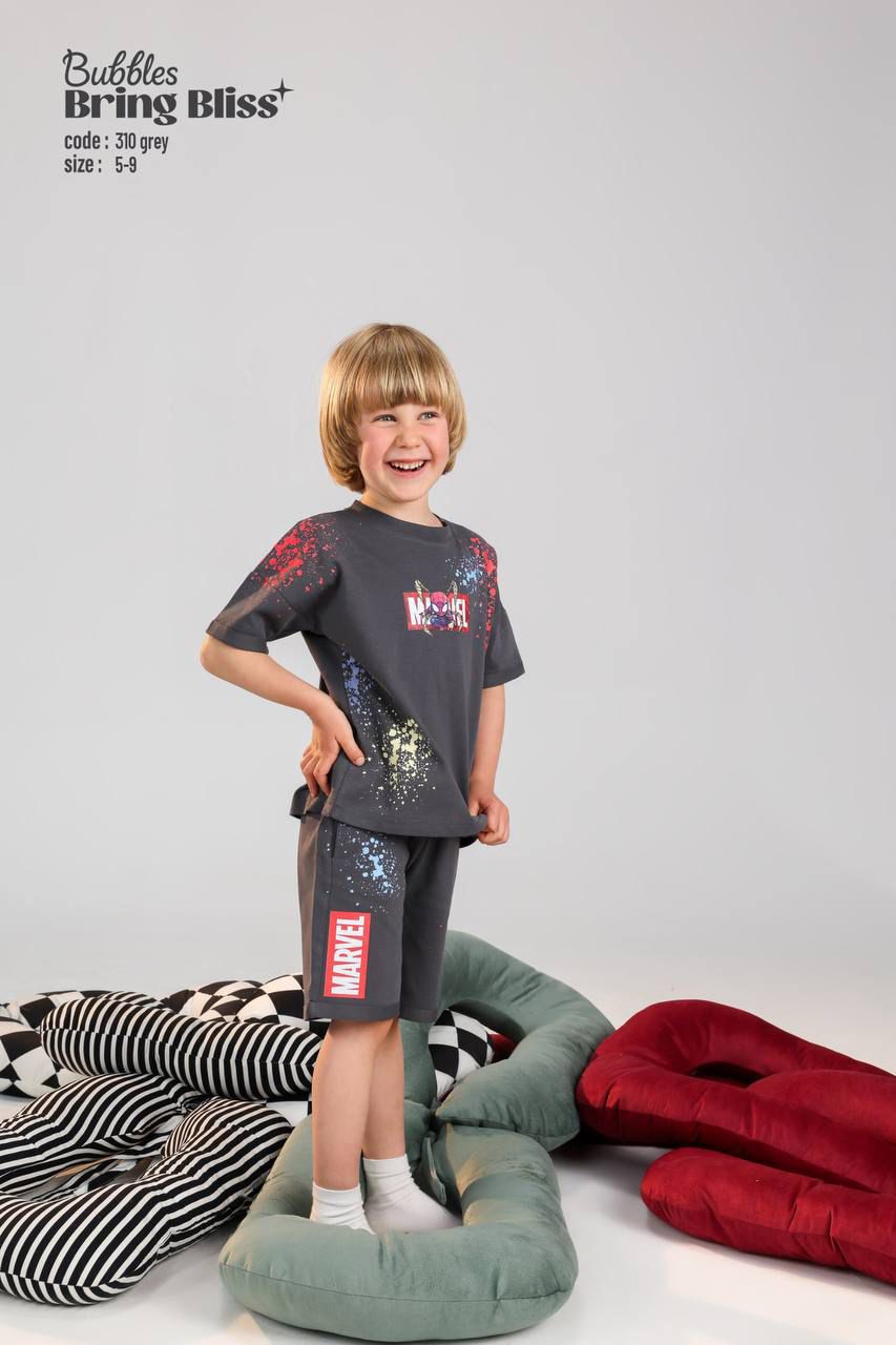 Marvel Kids Grey Splash Print T-Shirt & Shorts Set – Comfortable Summer Outfit for Boys (Ages 5–9)