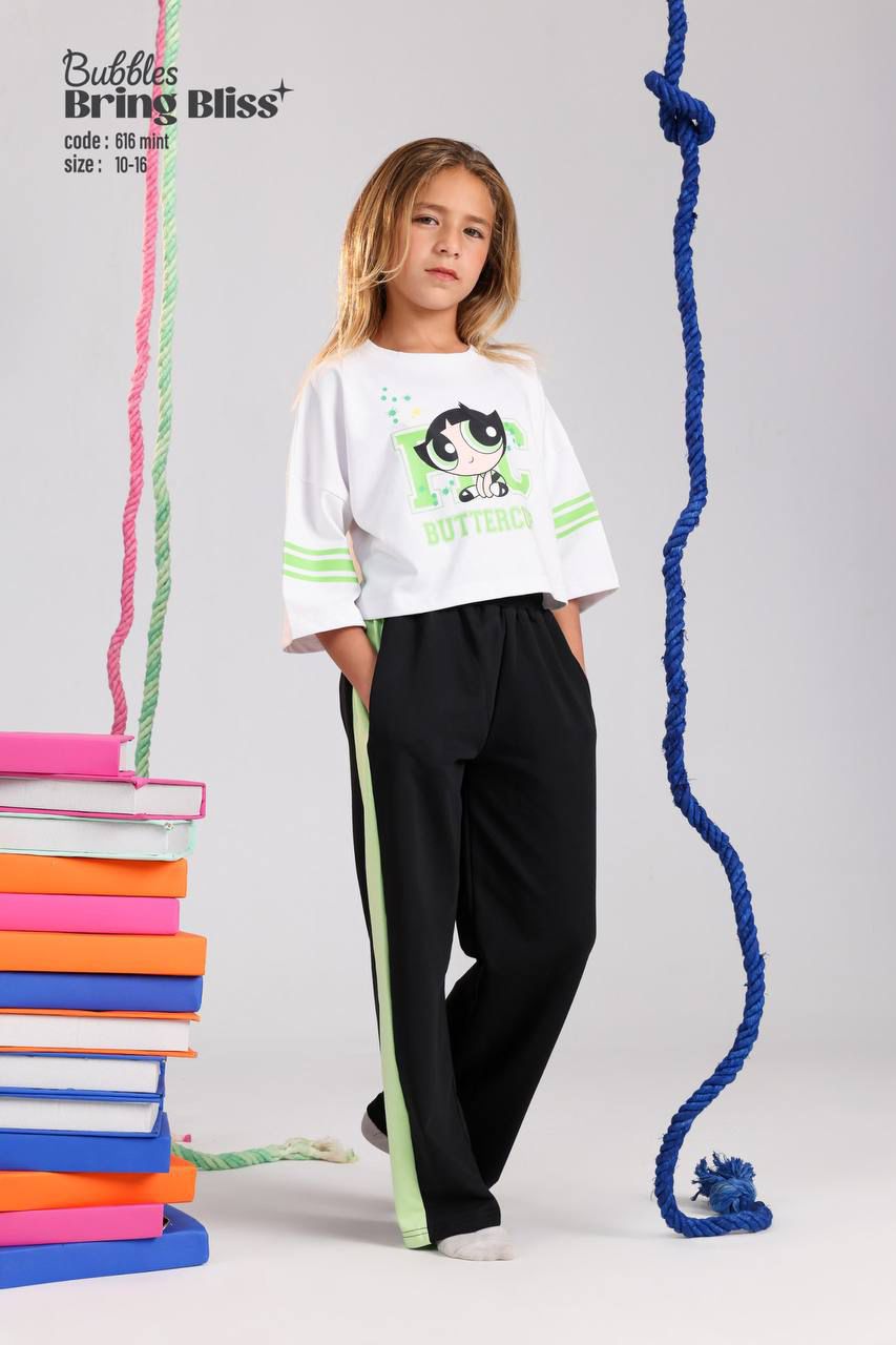 Girls Long Sleeve Pajama Set – White Printed Top & Black Pants Sleepwear