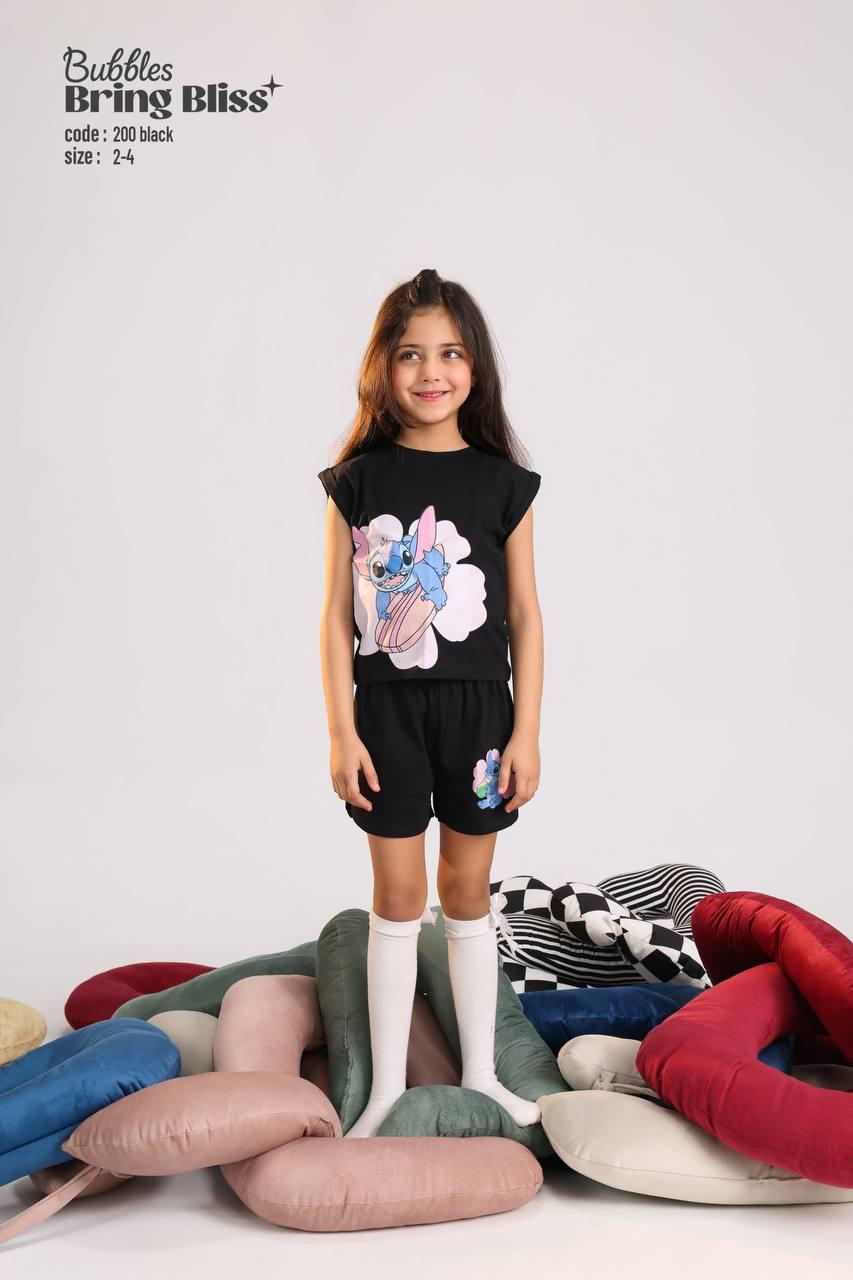 Girls Black Stitch Graphic Cotton T-Shirt – Casual Short Sleeve Tee for Ages 2–4