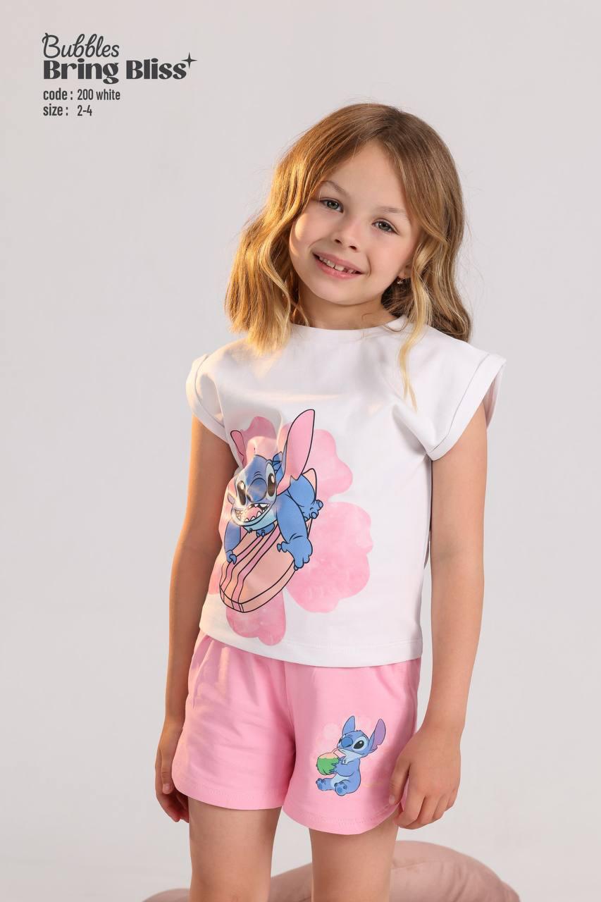 Girls White Cartoon Print Summer Pajama Set – Soft Cotton T-Shirt & Pink Shorts