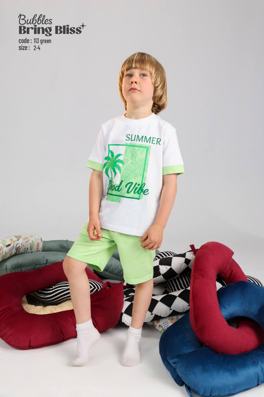 Bubbles Bring Bliss Kids Summer Pajama Set – Green “Good Vibe” Cotton T-Shirt & Shorts (Size 2-4)
