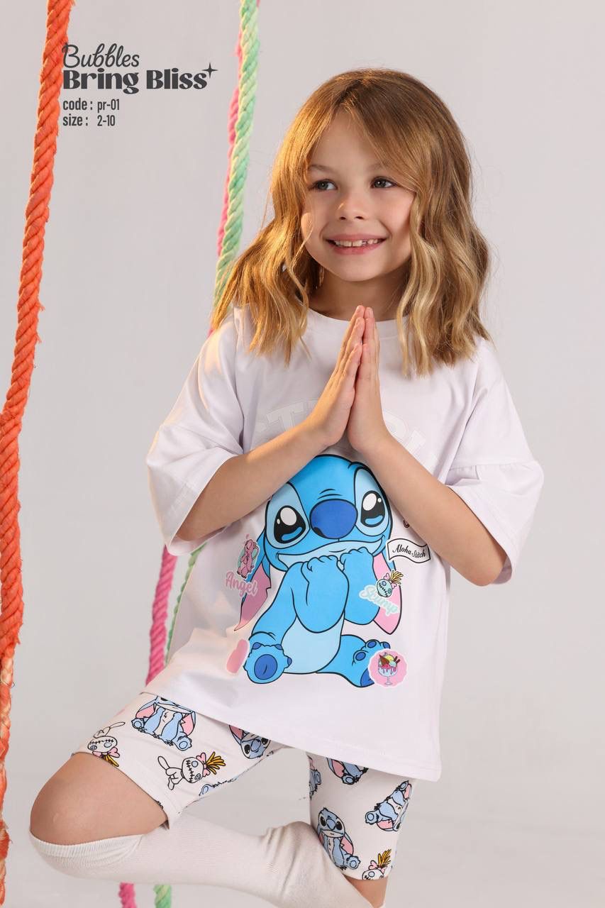 Girls’ Full Pajama Set – Stitch Cartoon Long Sleeve Top & Matching Pants