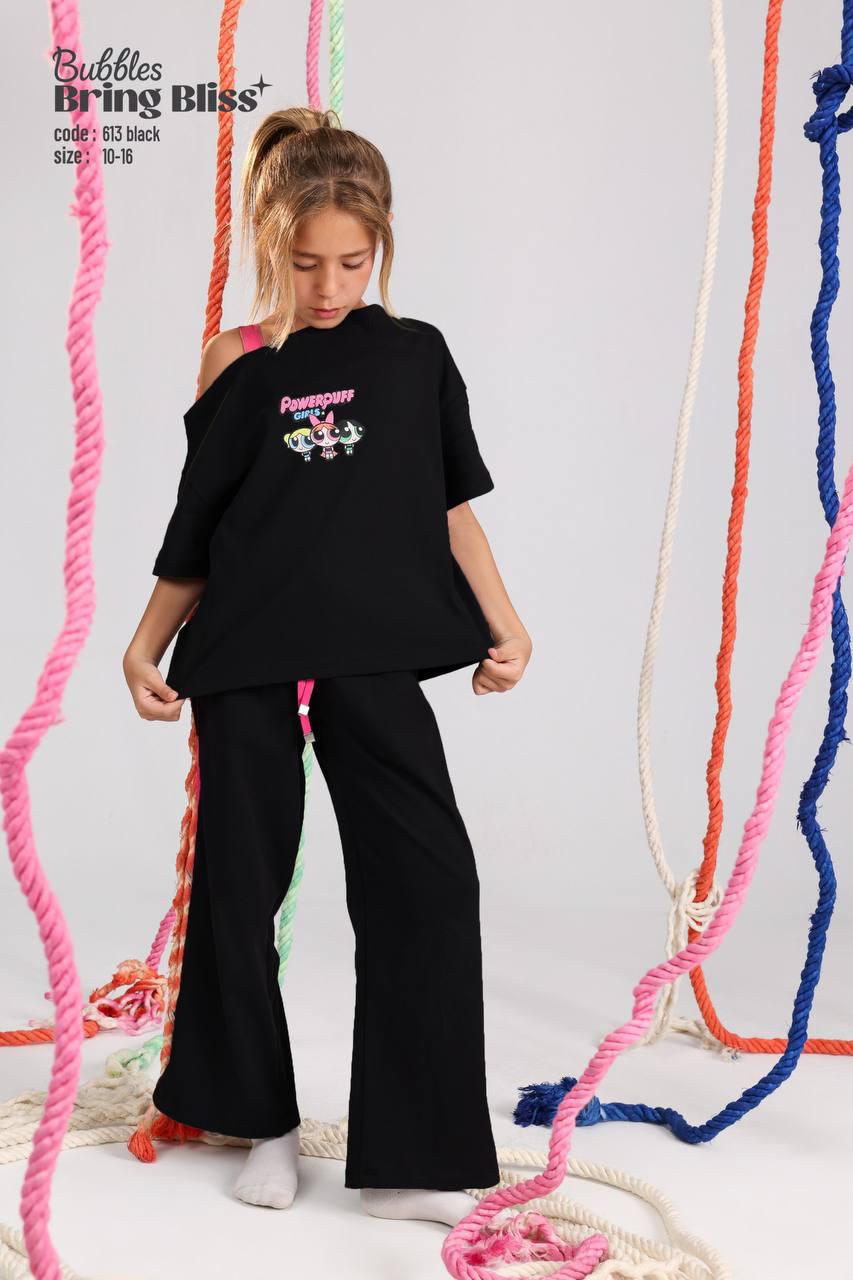 Girls Powerpuff Graphic Cold Shoulder Lounge Set – Black Wide Leg T-Shirt & Pants Outfit (Size 10–16)