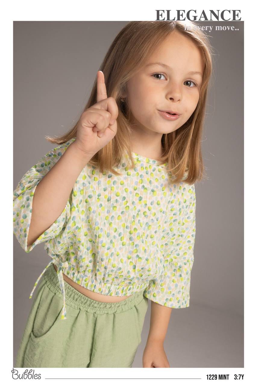 Girls Mint Green Floral Crop Top & Wide Leg Pants Set – Elegant Casual Outfit for Kids