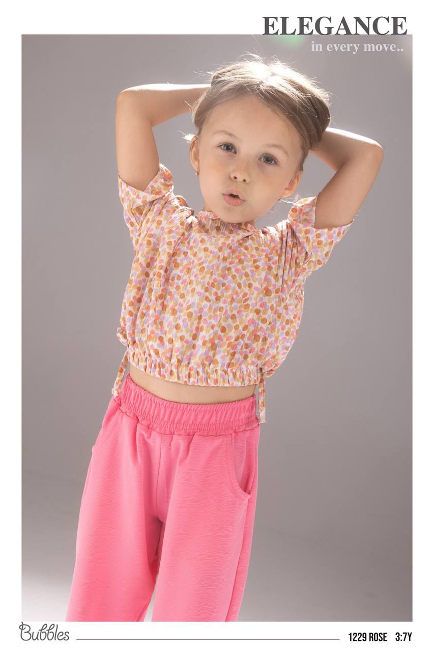 Girls Floral Crop Top & Pink Wide-Leg Pants Set – Stylish Kids Casual Outfit
