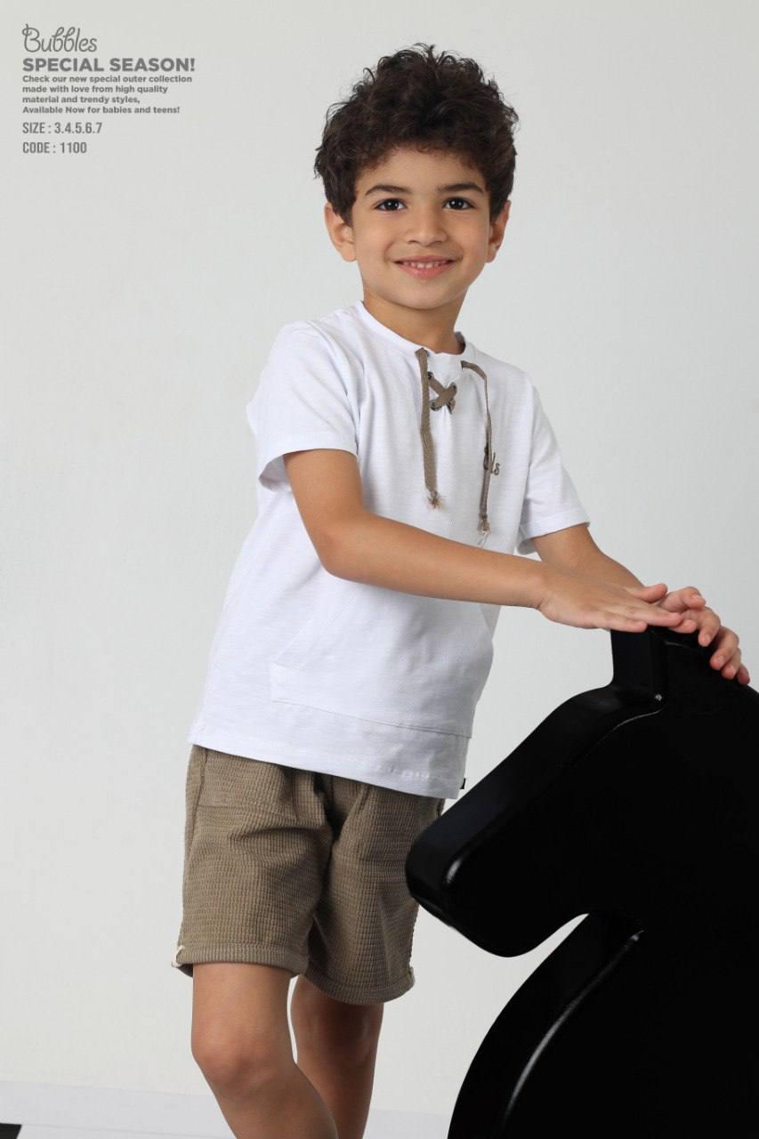 Boys Casual Summer T-Shirt & Textured Shorts Set – Lace-Up Neck Cotton Outfit (Sizes 3–7)