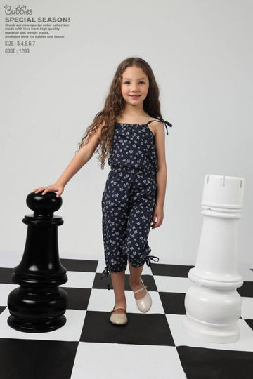 Girls Floral Sleeveless Jumpsuit – Stylish Navy Capri Romper for Kids