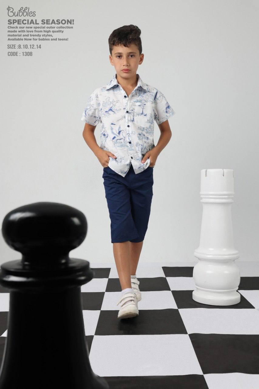 Boys White Printed Short Sleeve Button-Up Shirt & Navy Bermuda Shorts Set – Casual Summer Outfit